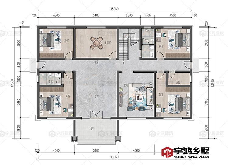 一层：堂屋、客厅、卧室、棋牌室、储藏室、卫生间