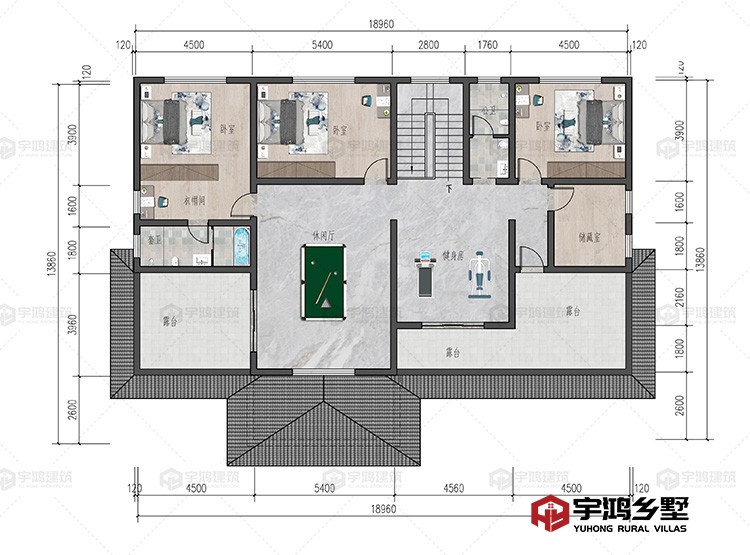 三层：卧室、衣帽间、休闲厅、健身房、储藏室、卫生间、露台