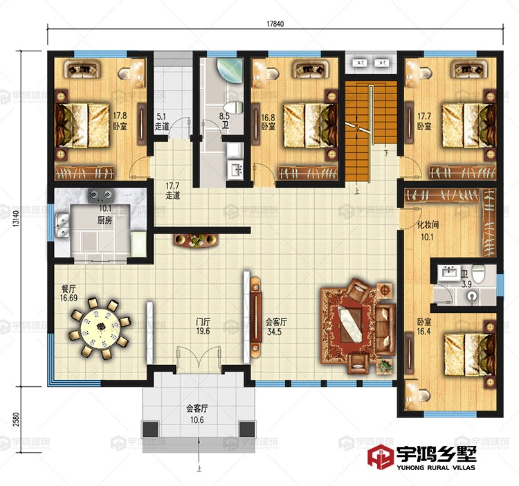 一层：会客厅、餐厅、厨房、卧室、卫生间