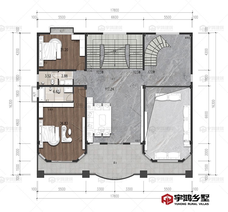 三层：客厅、卧室、衣帽间、卫生间、储物间、露台