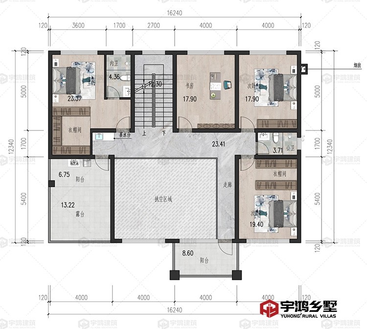 2层：走廊、卧室、衣帽间、书房、卫生间、阳台、露台