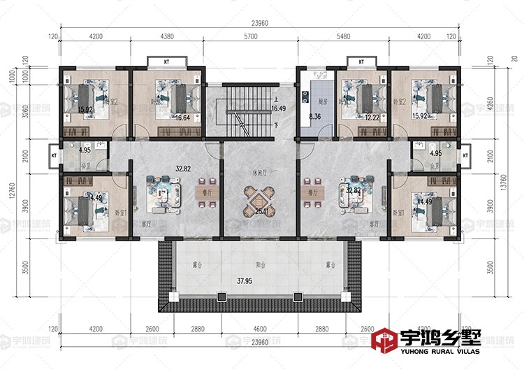 2层：休闲厅、客厅、餐厅、厨房、卧室、卫生间、阳台、露台