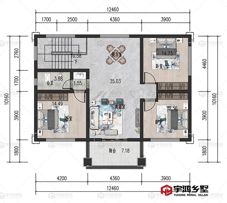 二层：起居室、娱乐室、卧室、卫生间、阳台