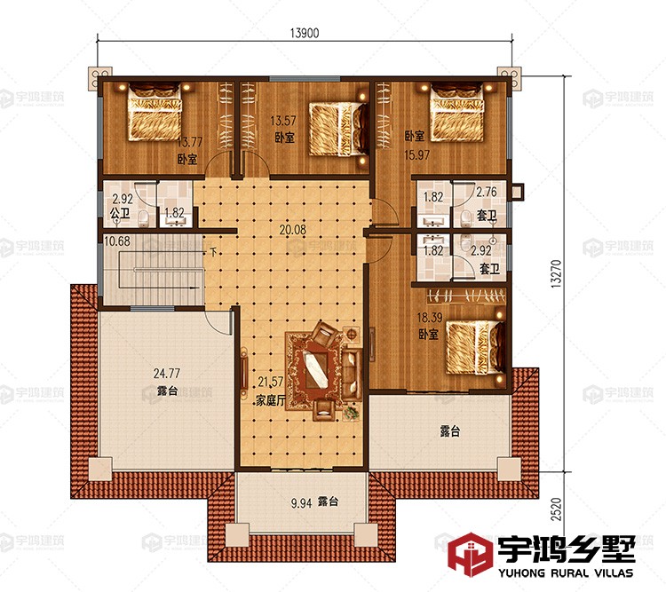 四层：家庭厅、卧室、厨房、餐厅、卫生间、露台