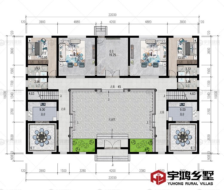 一层：客厅，堂屋，餐厅，厨房，卧室，内庭院，卫生间