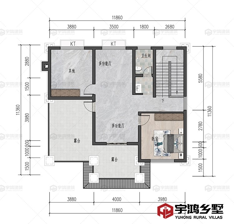 三层：卧室，书房，荼室，卫生间，露台