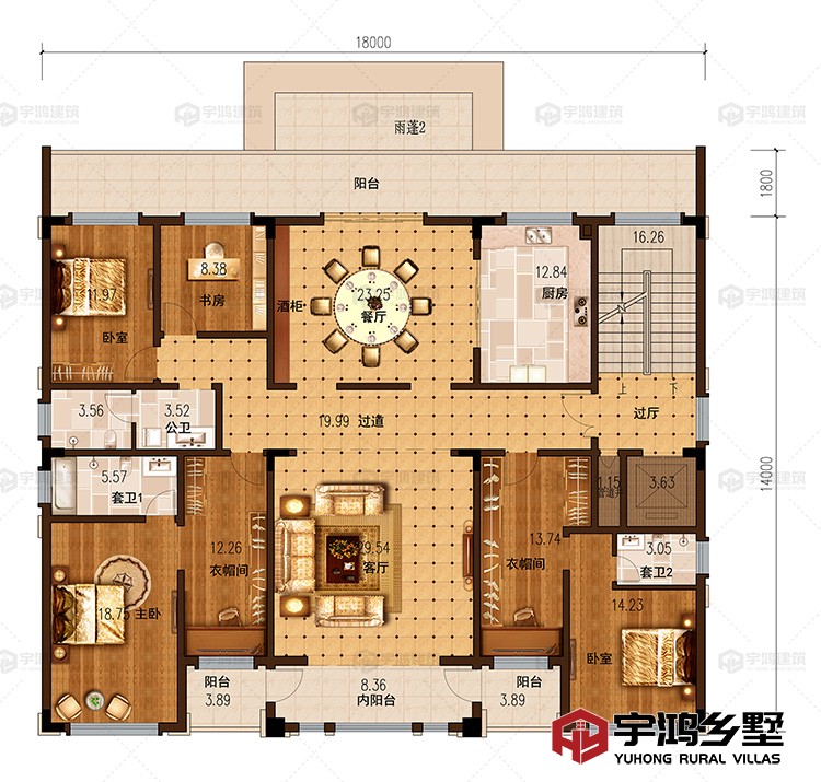 三层：卧室，客厅，餐厅，厨房，书房，衣帽间，卫生间