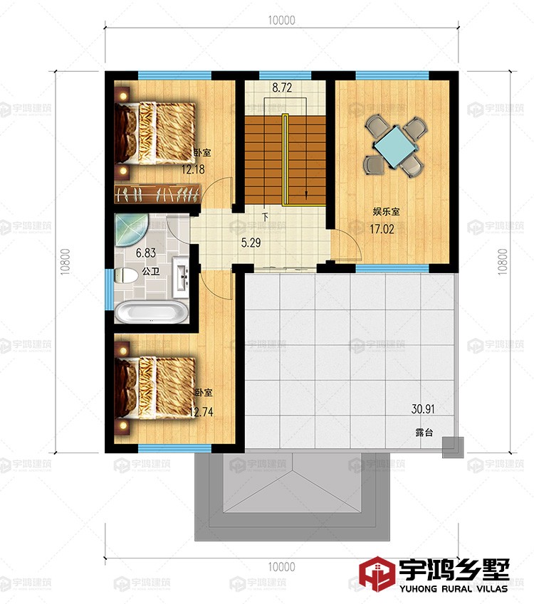 三层：娱乐室、卧室、卫生间、露台