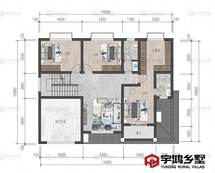 二层：卧室、客厅、衣帽间、卫生间、露台