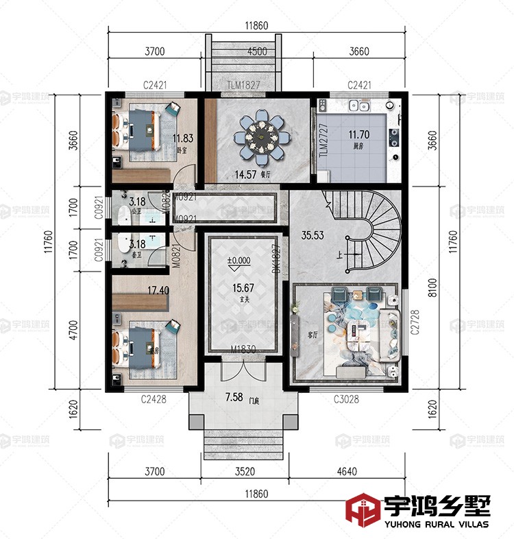 一层：客厅、玄关、卧室、餐厅、厨房、卫生间