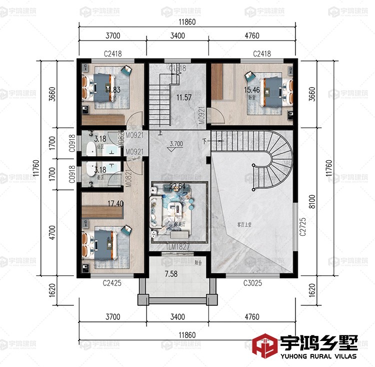 二层：家庭厅、卧室、卫生间