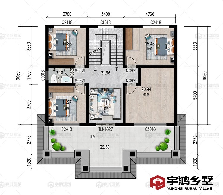 三层：休闲厅、卧室、娱乐室、卫生间、阳台