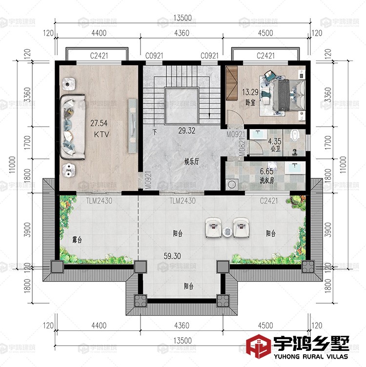 三层：娱乐厅、KTV、洗衣房、卧室、卫生间、阳台、露台