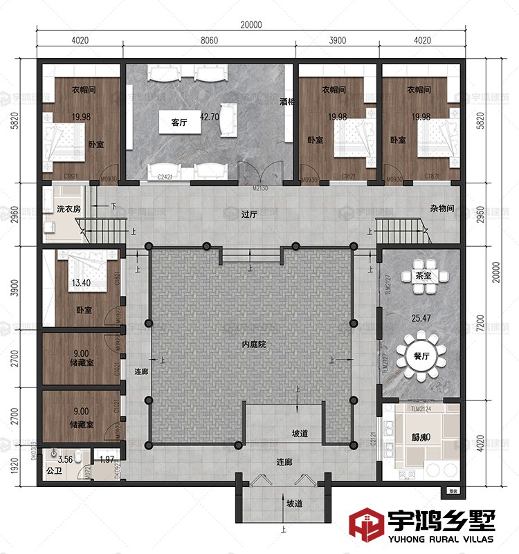 一层：客厅、餐厅、茶室、厨房、卧室、卫生间