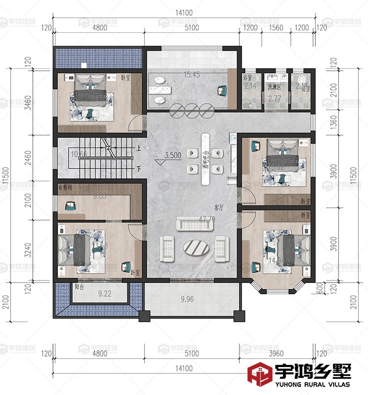 二层：客厅、卧室、衣帽间、卫生间、阳台