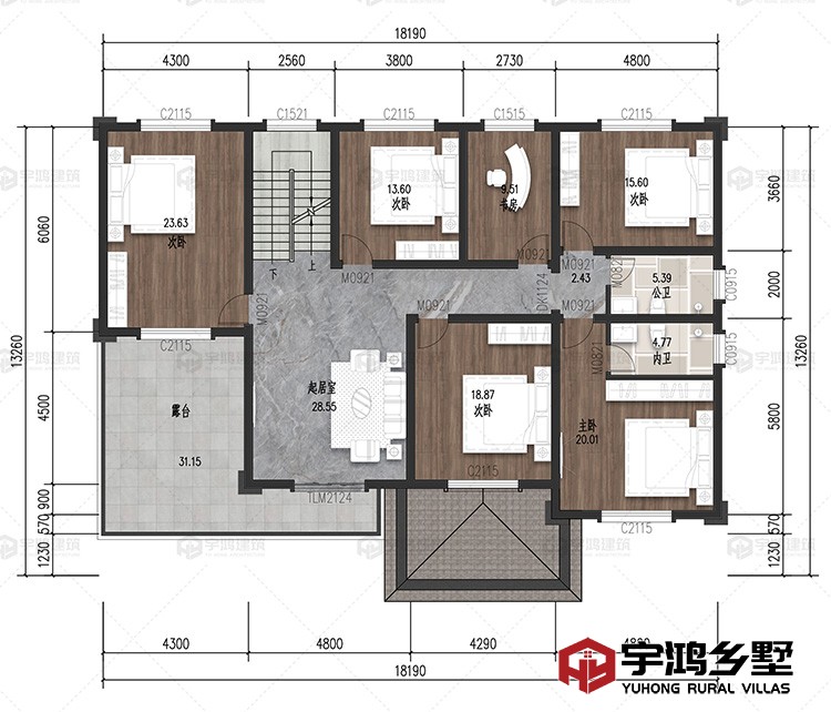 二层：起居室、书房、卧室、卫生间、露台