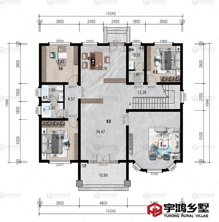 一层：堂屋、卧室、书房、卫生间、茶室