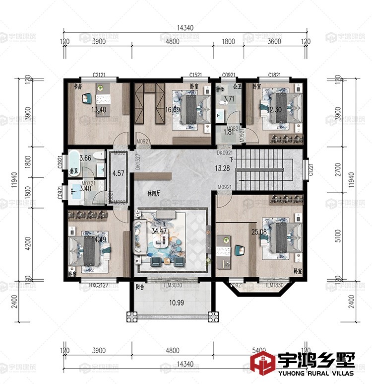 二层：休闲厅、卧室、书房、卫生间、茶室