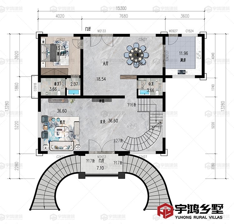 一层：客厅、餐厅、厨房、卧室、卫生间