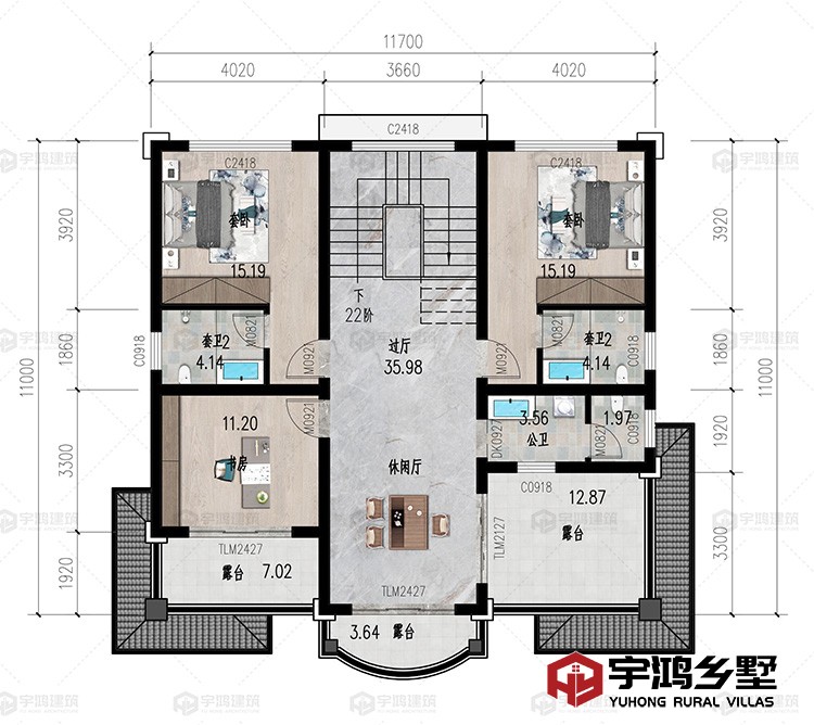 三层：休闲厅、书房、卧室、卫生间、露台