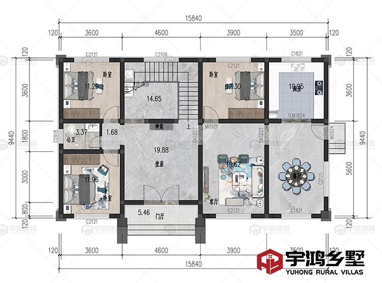 一层：堂屋、客厅、厨房、餐厅、卧室、卫生间