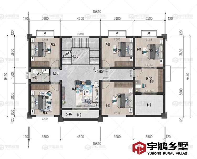 二层：客厅、卧室、书房、卫生间、阳台