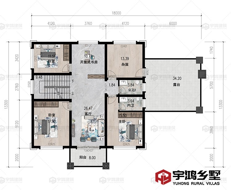 二层：客厅、书房、卧室、卫生间、露台