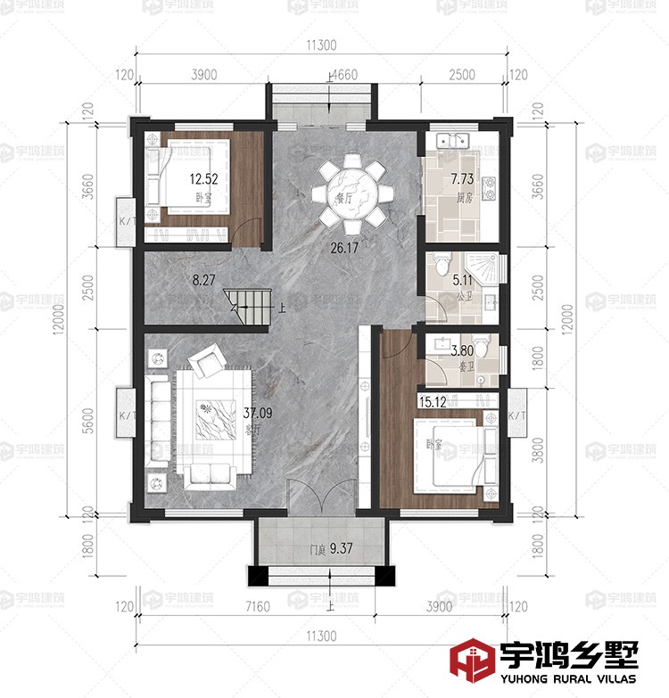 一层：客厅、餐厅、厨房、卧室、卫生间