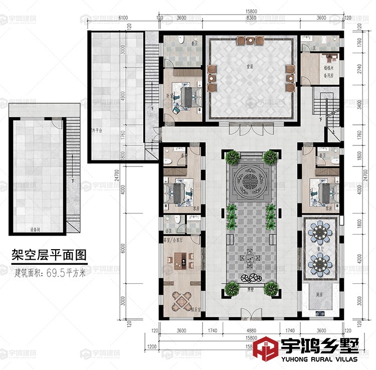 一层：堂屋、餐厅、厨房、茶室、卧室、卫生间