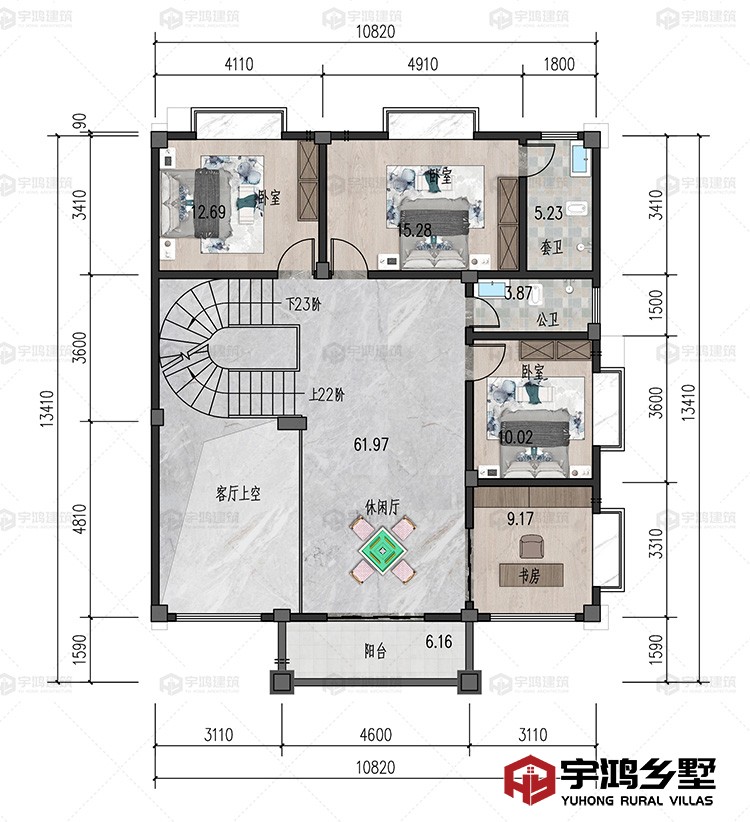 二层：休闲厅、书房、卧室、卫生间、阳台