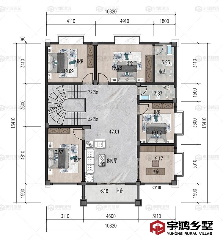 三层：休闲厅、书房、卧室、卫生间、阳台