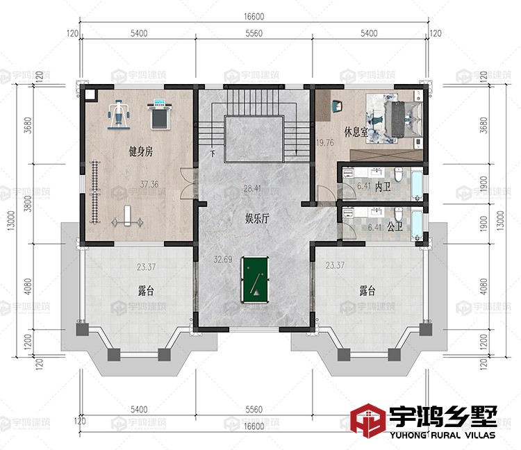 四层：娱乐厅、休息室、健身房、卫生间、露台