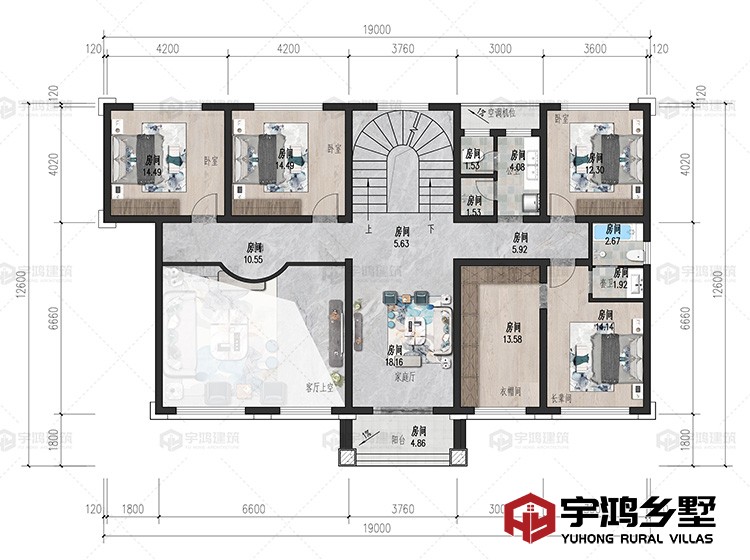 二层：家庭厅、卧室、卫生间、衣帽间、阳台