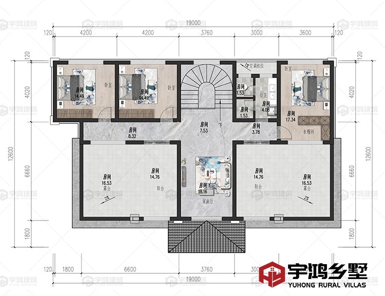 三层：家庭厅、卧室、衣帽间、卫生间、露台