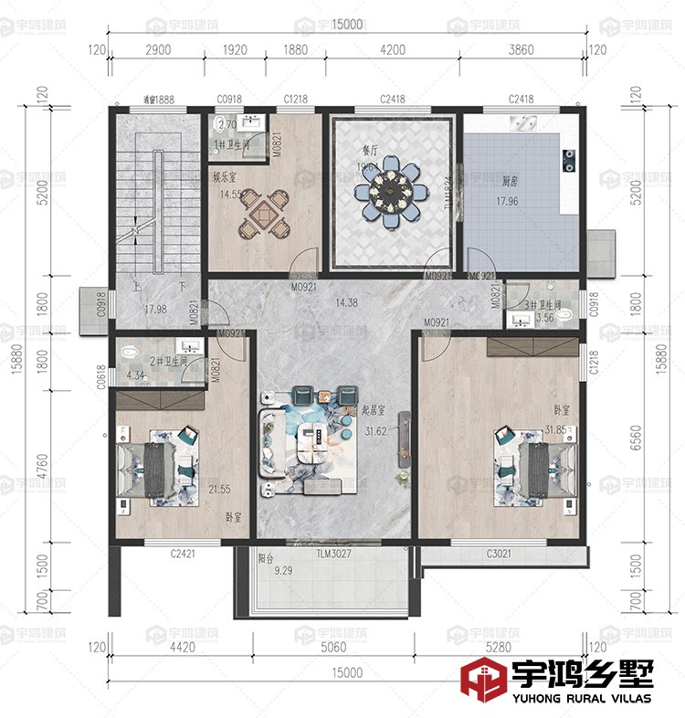 二层：起居室、餐厅、厨房、卧室、娱乐室、卫生间、阳台