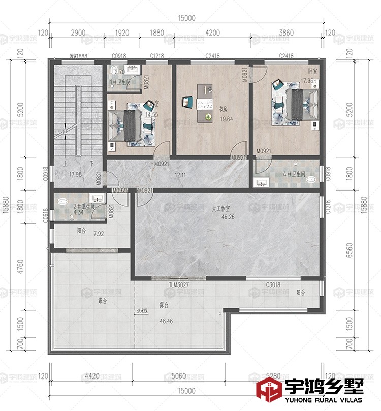 三层：卧室、书房、工作室、卫生间、阳台、露台