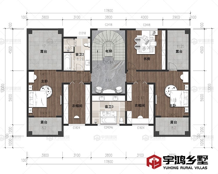 三层：卧室、衣帽间、书房、卫生间、露台