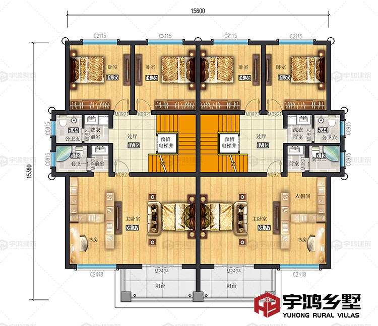 三层：卧室、衣帽间、书房、阳台、卫生间