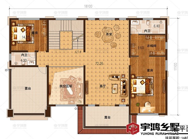 二层：客厅，茶室，卧室，衣帽间，卫生间，露台