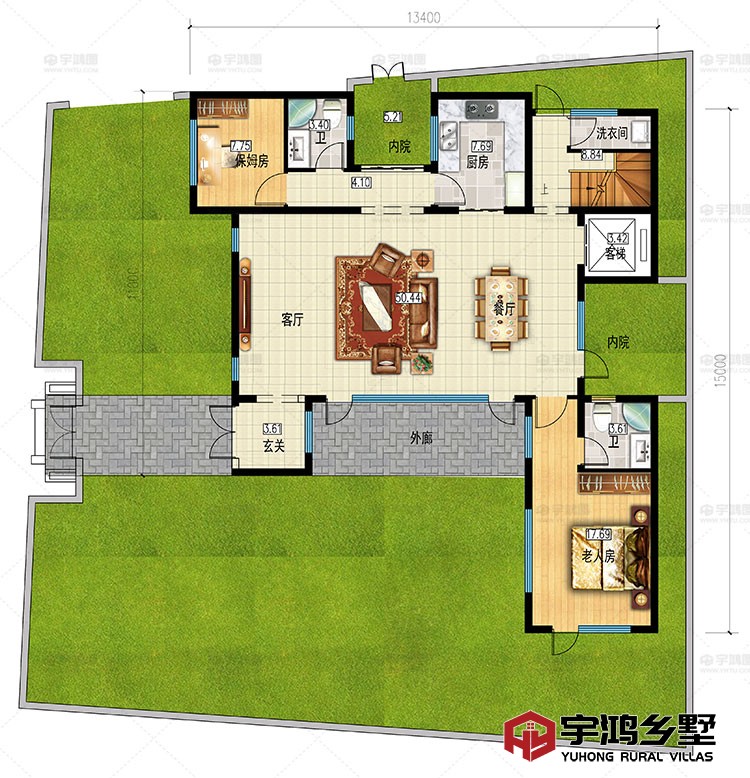一层：客厅、卧室、洗衣间、卫生间、庭院、外廊