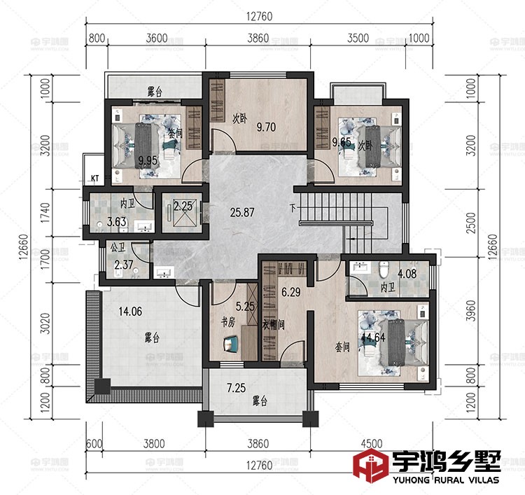 三层：书房、卧室、衣帽间、卫生间、露台