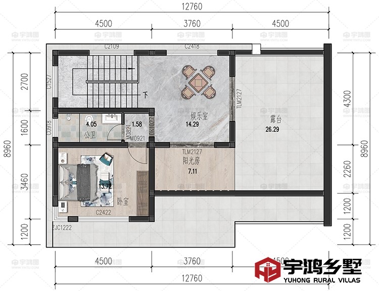 三层:娱乐室、阳光房、卧室、卫生间、露台