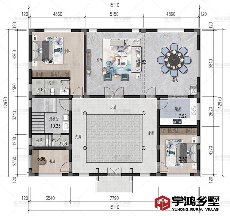 1层：客厅、餐厅、厨房、卧室、书房、洗衣房、卫生间