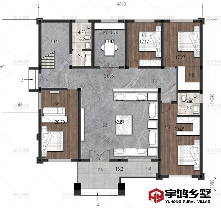 一层：门厅、客厅、茶水吧/学习区、4卧室、2衣帽间、休息区、公卫、内卫