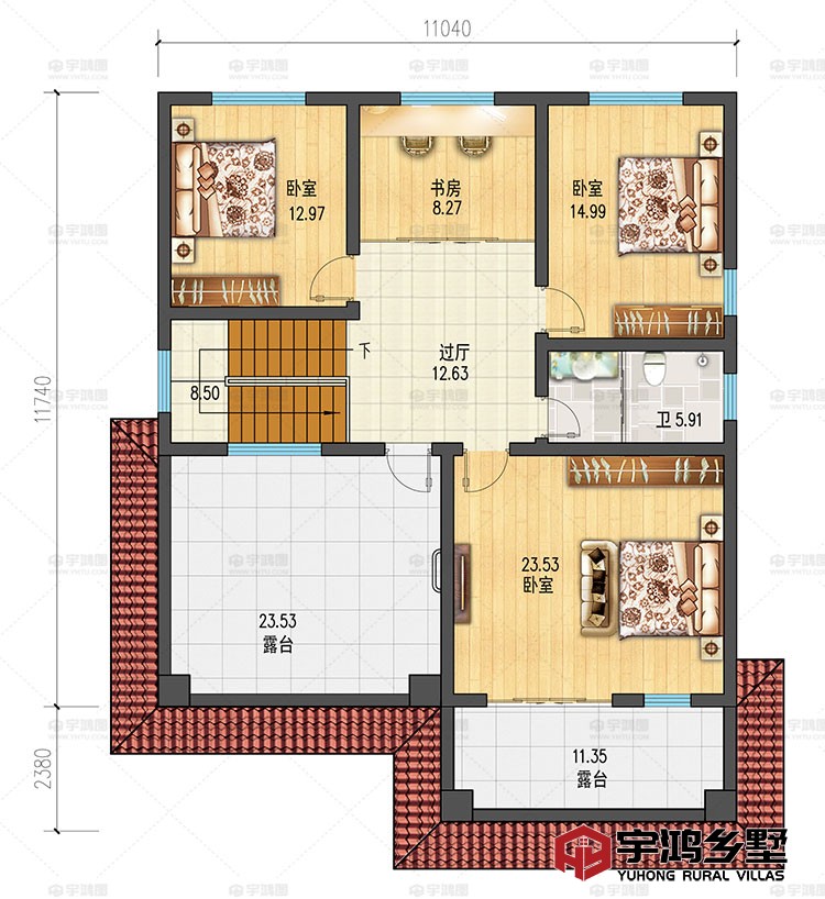 三层：卧室，露台，卫生间，书房，过厅