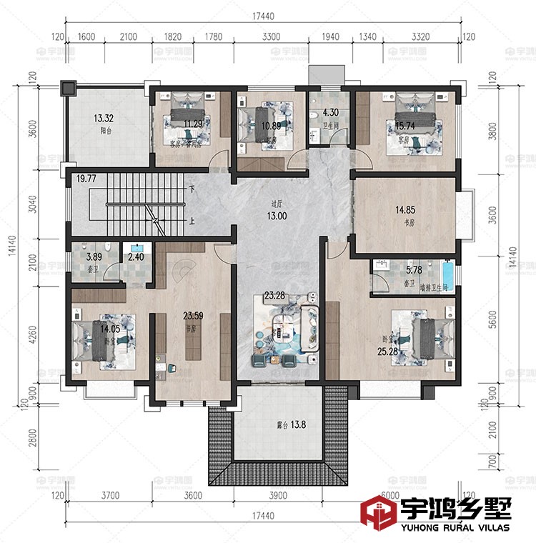 二层：客厅，卧室，书房，卫生间，阳台