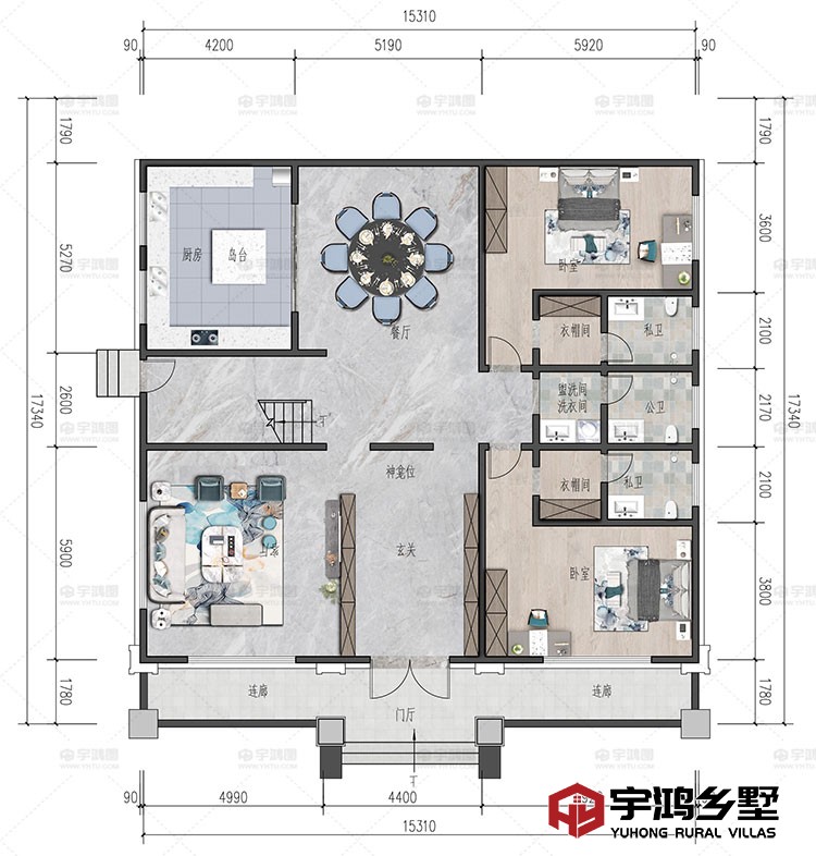 一层：玄关、客厅、卧室、衣帽间、餐厅、厨房、洗衣间、卫生间