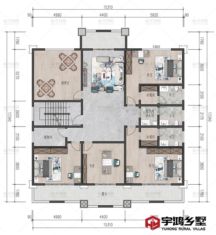 三层：卧室、衣帽间、书房、棋牌室、储物间、洗衣间、卫生间、露台