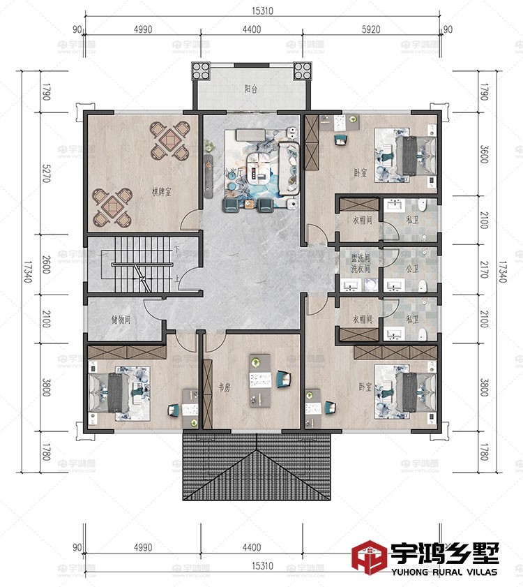 四层：客厅、卧室、衣帽间、棋牌室、书房、储物间、洗衣间、卫生间、阳台