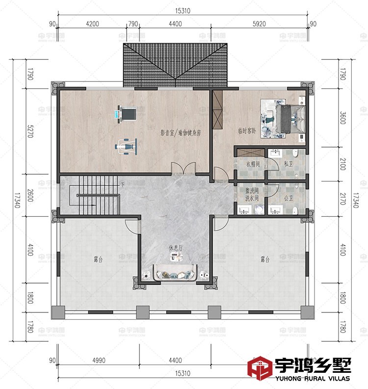 五层：卧室、衣帽间、洗衣间、影音室、休息厅、卫生间、露台